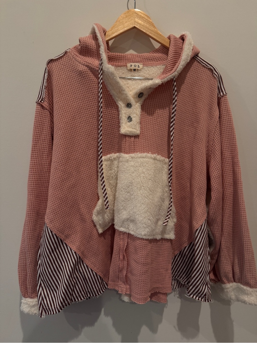 POL Pink Waffle Knit Hoodie with Cream Sherpa Pocket